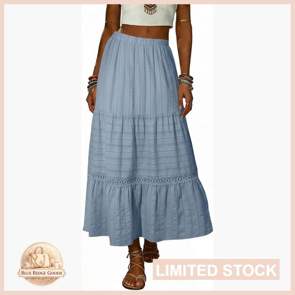 Boho Crochet Lace Tiered Maxi Skirt High Waisted A-Line Cotton Casual